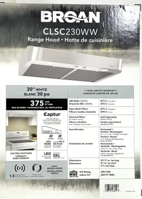 CLSC130WW BROAN Cabinet Hood Fan Lights