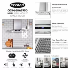 COS-668AS750 COSMO Wall Mount Hood Cfm Curved Glass #3