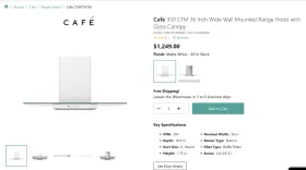 CVW73614MWM GE CAFE Cfm Wall Hood Glass Canopy