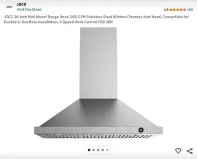 P02-36K JOCO Wall Mount Hood Cfm Steel Kitchen Chimney Vent