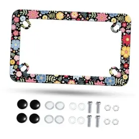 Omw2fyb Yhsj-d6z8ukj-jielob-cv-14 Motorcycle License Plate Frame Colorful Floral Stainless Steel Folk Art Flowers