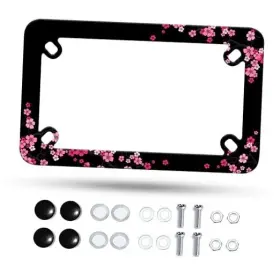 Omw2fyb Yhsj-d6z8ukj-jielob-cv-16 Motorcycle License Plate Frame Flowers Stainless Steel Pink Cherry Blossoms