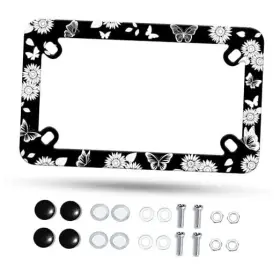 Omw2fyb Yudvbs-ladew-pyung-h-0007 Motorcycle License Plate Frame Stainless Steel Black White Sunflower Butterfly