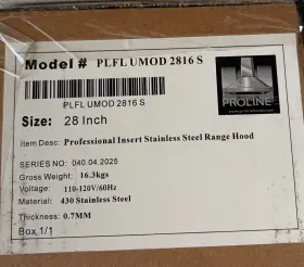 PLFLUMOD2816S PROLINE RANGE HOODS Hood Cfm Steel Finish Prol