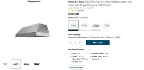 BH134SLD-SS VENT-A-HOOD Cfm Wall Liner Single Blower