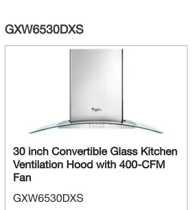 WVW51UC0FS WHIRLPOOL Convertible Glass Hood