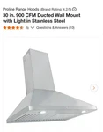 Proline Range Hoods 30 In. 900 Cfm Ducted Wall Mount W/light In Stainless Steel. Fixed Price $469.97.