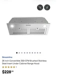Streamline 28 Range Hood. Fixed Price $175.00.