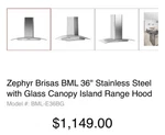 Zephyr Bml-e36bg Brisas 36" 600 Cfm Curved Glass Island Mount Range Hood W/ Led. Fixed Price $899.00.
