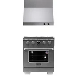 30 In. 4.2 Cu. Ft. 4 Burners Dual Fuel Range + Wall Mount Hood. Fixed Price $6399.70.