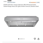 Cosmo Uc36 36 In 380 Cfm Ducted Under Cabinet Range Hood Ss Led Button. Fixed Price $50.00.