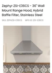 Zephyr 36w In. Wall Mounted Range Hood Hybrid Baffle Filter Stainless Steel. Fixed Price $500.00.