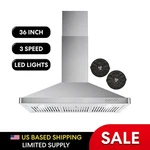 36 In. Ductless Wall Mount Range Hood, Push Button Controls, Stainless Steel. Fixed Price $279.99.