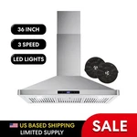 36 In. Ductless Wall Mount Range Hood, Soft Touch Controls, Stainless Steel. Fixed Price $299.99.