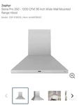 Zephyr Zsp - E36ds 36" New Wall Mount Range Hood Siena Pro Series 390 1200 Cfm. Fixed Price $900.00.